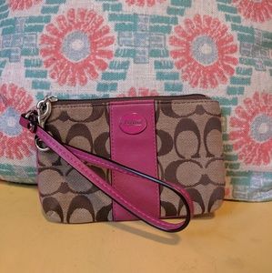 Coach Monogram Wristlet Pink Leather Accents